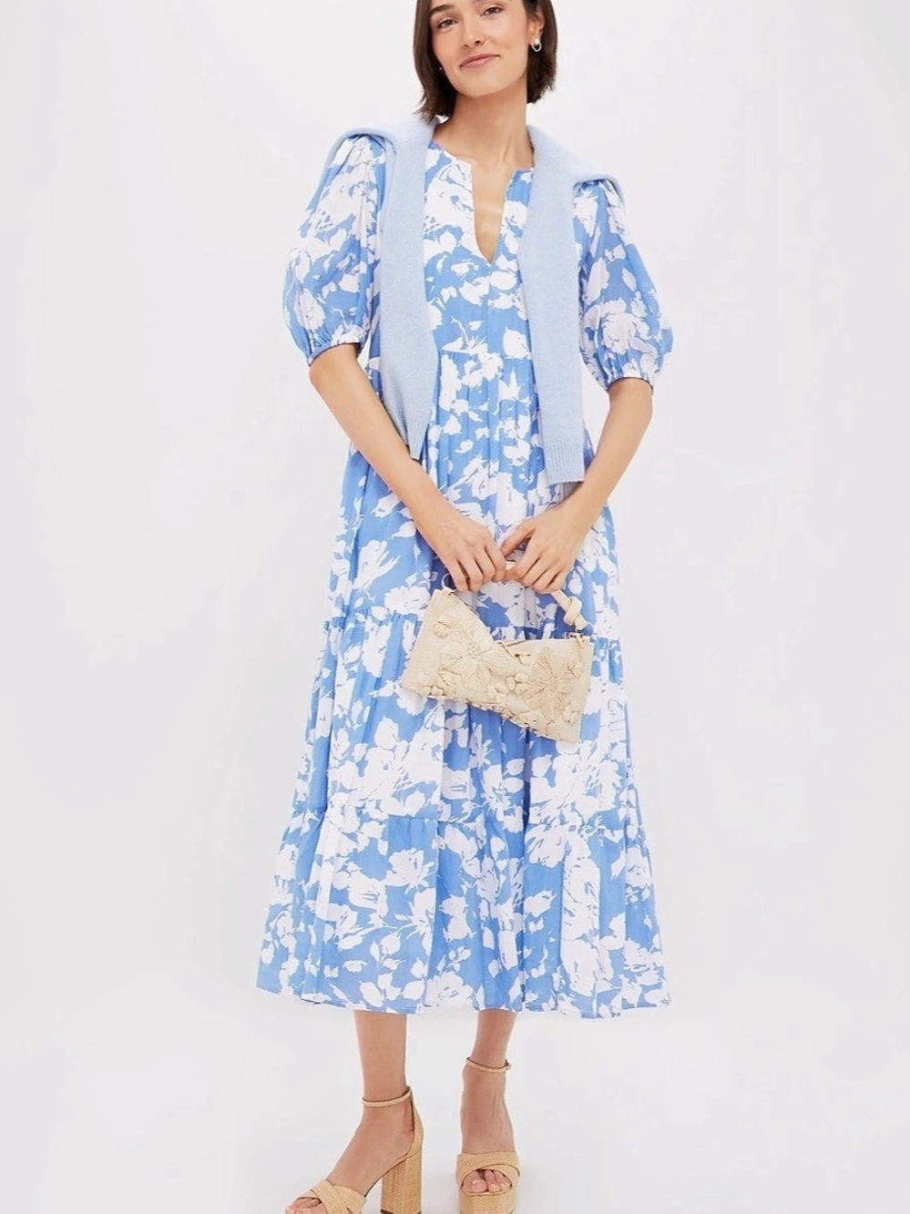 Hyacinth House Multi Blue Leafy Floral Mimi Midi Dress Blue & White XS